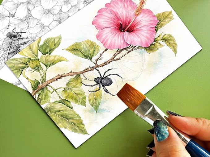 Artwink Watercolor Coloring Cards – 15 Sheets (5x7 Inches), Great for Coloring Book Lovers & Watercolor Painting Practicee (Cat/Dog/Bird/Landscape Illustrations) (Flower with Insect)