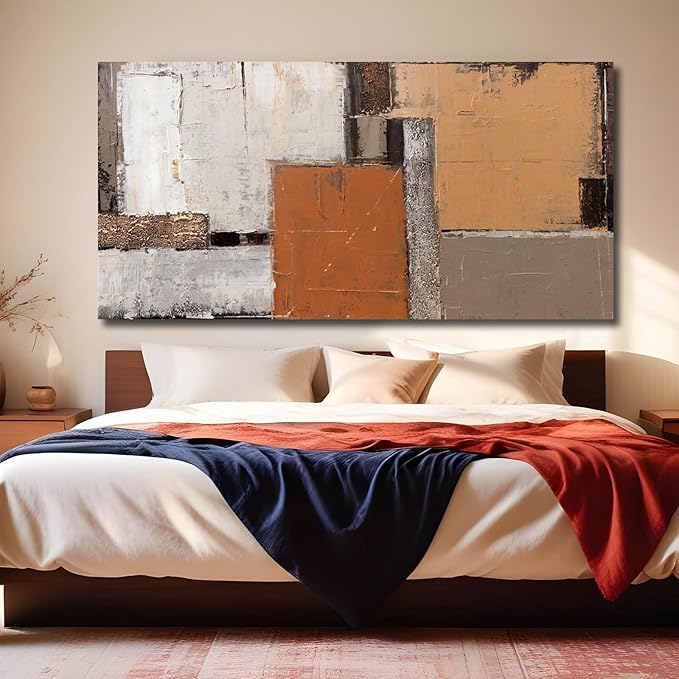 Artexist Orange Abstract Canvas Photo Prints Living Room White Artwork Brown Block Painting for Room 29"x 58" Office Wall Art Bedroom Hallway Decor