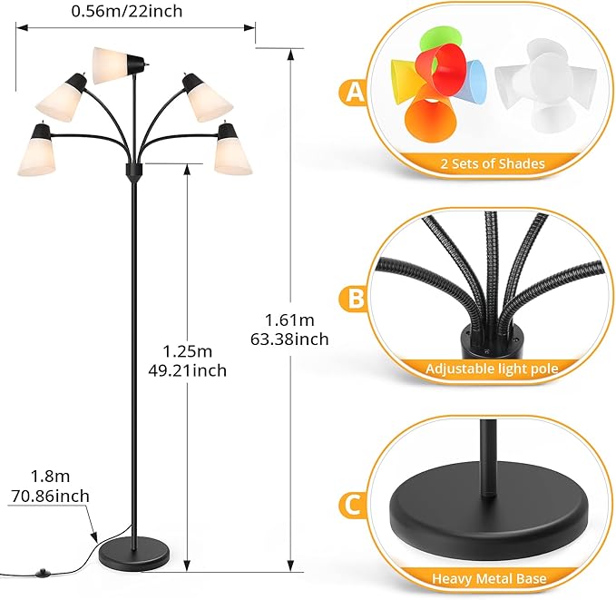 FOLKSMATE LED Floor Lamp, Medusa Multi Head Modern Tall, Rustic Adjustable Reading Standing Light for Living/Kids Room, Bedroom, Black