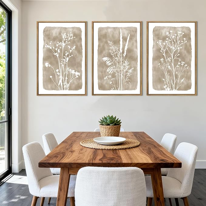 ANHUIB Extra Large Beige Floral Wall Art 24x36 Inch Neutral Floral Wall Decor Vintage Flower Artwork for Living Room Bedroom Office Set of 3