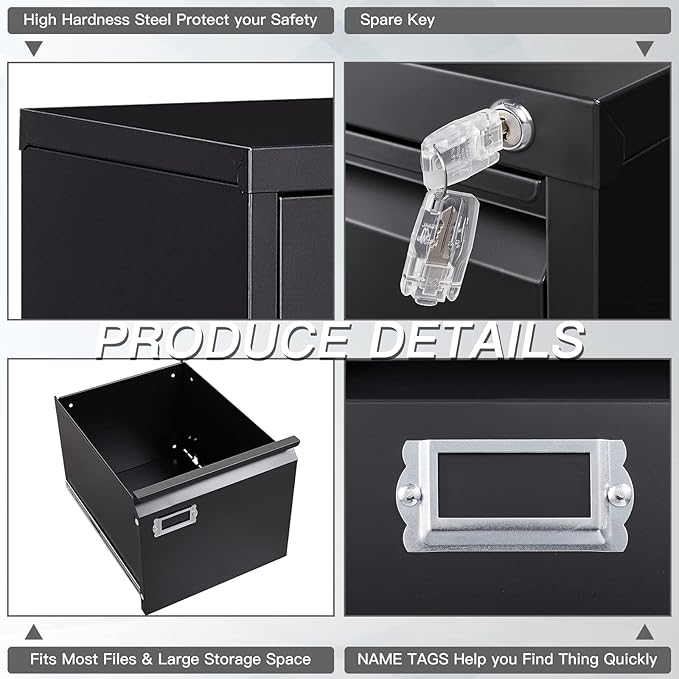 Yizosh 3 Drawer Black File Cabinet with Lock, Filing Cabinets for Home Office, Metal Locking Office File Storage Cabinets with Drawers, Vertical Small Filing Cabinet Organizer for Legal/A4