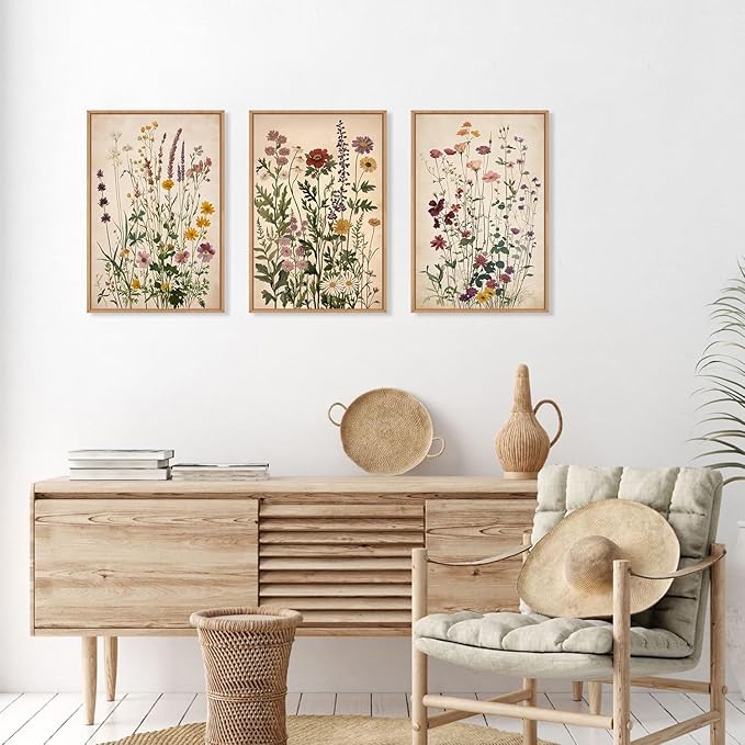Vintage Wildflower Watercolor Framed Canvas Wall Art Set, Retro Flower Botanical Wall Decor, Colorful Floral Wall Painting, Flower Illustration Art Prints for Living Room, Bedroom 16"x24"x3
