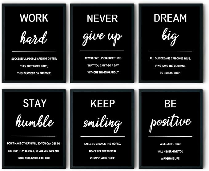 Motivational Quotes Wall Art Set,6 Piece Office Inspirational Wall Decor,Black and White Positive Quotes Canvas Prints,Work Hard,Never Give Up Painting for Office Bedroom Living Room 12x16in Posters