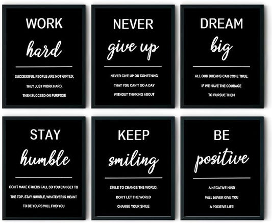 Motivational Quotes Wall Art Set,6 Piece Office Inspirational Wall Decor,Black and White Positive Quotes Canvas Prints,Work Hard,Never Give Up Painting for Office Bedroom Living Room 12x16in Posters