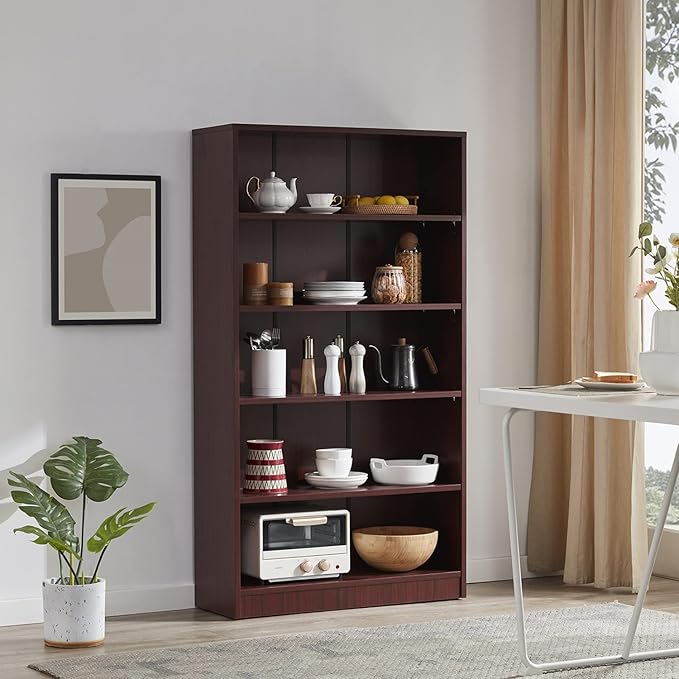 Farini Mahogany Bookshelf for Bedroom 5 Shelf Office Bookcase 60 Inches Tall Modern Wood Bookshelf for Living Room 5 Tier Wide Manga Bookshelves Library Bookcase