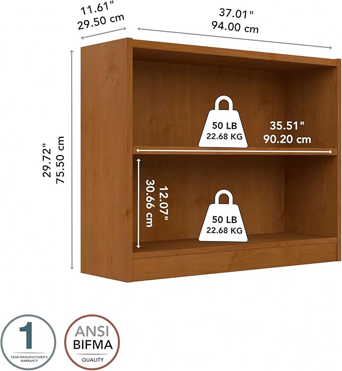 Bush Home Universal Small 2 Shelf Bookcase in Natural Cherry, Low Storage and Display Bookshelf for Home Office or Living Room Organization