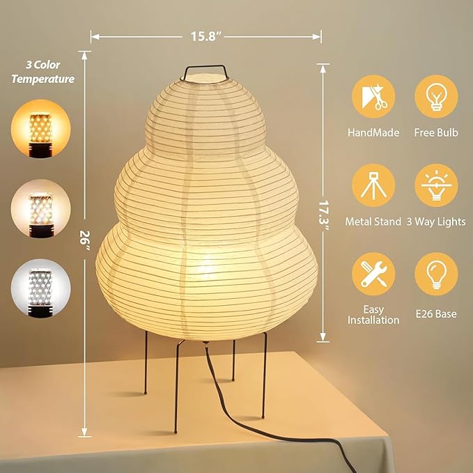 Noguchi Lamp, Wabi-Sabi Paper Floor Lamp, Dimmable Japanese Rice Paper Lantern, Akari Floor Lamp with 3 Color, Japan Lamp for Living Room, Bedroom or Desktop