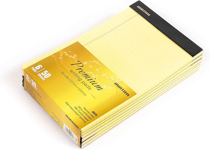 Mintra Office Canary Legal Pads - Premium Quality Heavyweight Paper with Micro-perforated sheets, Smooth-lined paper, Ideal for Office Tasks, Assignments or Notes, Meetings, and Journaling, 6 pack, Yellow Paper, Narrow Ruled, 5"x8"