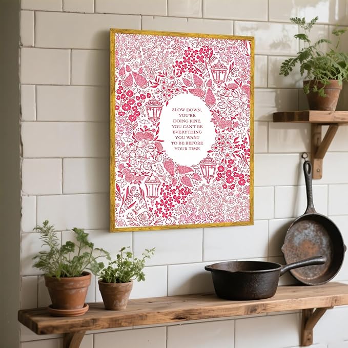 Slow Down You're Doing Fine Music Posters Motivational Quote Pink Wall Art Vintage Floral Positive Daily Reminder Song Lyrics Canvas Print Aesthetic Office Home Decor 12x16inch Golden Framed