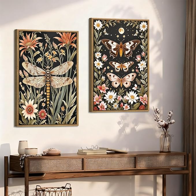 ANHUIB William Morris Wall Art 16x24 Inch Vintage Floral Wall Decor Framed Butterfly Dragonfly Prints Nature Botanical Animal Artwork Set of 3 for Living Room Bedroom Office