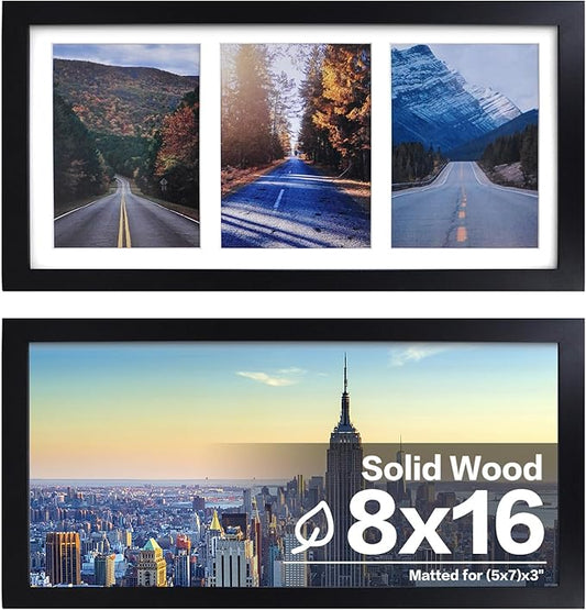 Egofine 8x16 Collage Picture Frame Set of 2, Display Multiple Three 5x7 Pictures or 8x16 without Mat - Made of Solid Wood with Plexiglass - Horizontal and Vertical Formats for Wall, Black