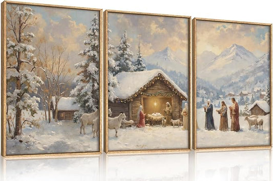 HOURIA Christian Easter Season Framed Canvas Wall Art Set,Religious Jesus Christ Biblical Wall Decor,Holy Family Star of Bethlehem Woodland Landscape Artwork for Church,Prayer Room,Home-16"x24"x3