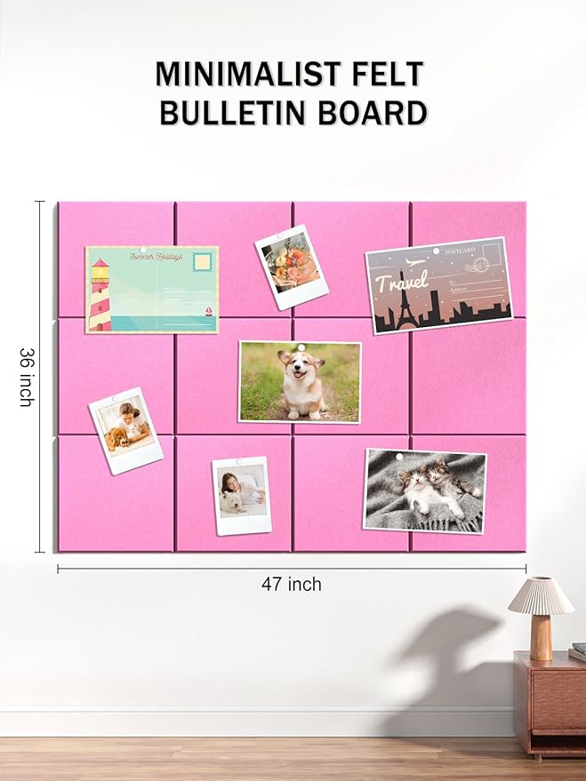 Hsurbtra Large Cork Board for Wall 47 x 36 Inch, 12 Pack Felt Bulletin Notice Board with Pushpins for Office Home School Farmhouse Wall Decor, Pink
