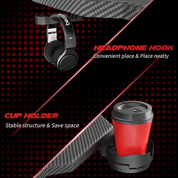 Homall Gaming Computer Desk with Carbon Fiber Surface, Gaming Table Z Shaped Pc Home Office with Cup Holder&Headphone Hook(55 in, Black)