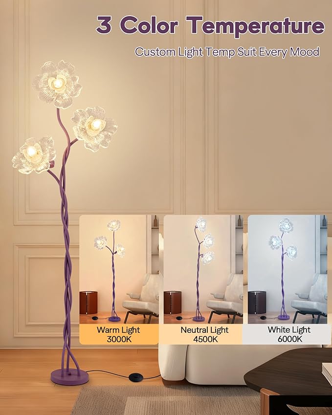 3 Light Flower Floor Lamps for Living Room, Standing Floor Lamp with Flexible Gooseneck, Unique Floor Lamp with 3 Color Temperatures, Tall Corner Floor Lamps for Living Room, Bedroom—Purple