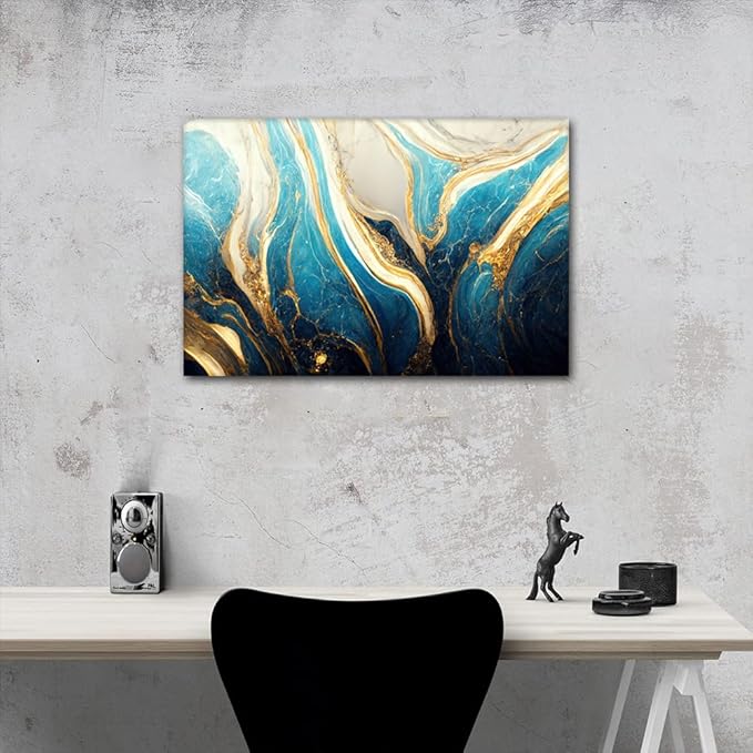 Modern Canvas Wall Art for Office 1 Panel Abstract Marble Art Poster Turquoise Gold and White Colors Picture Prints for Native Americans Living Room Home Wall Decor Stretched Ready to Hang 36x24 in