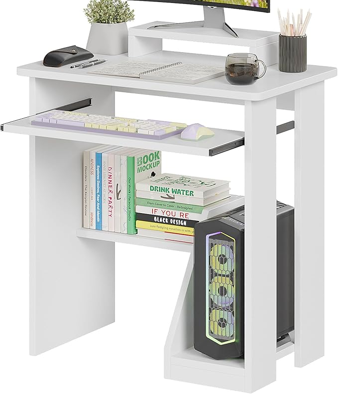 ALISENED 30" Small Computer Desk with Keyboard Tray Monitor Stand, Study Writing Desk with Storage Shelves, Modern Workstation for Small Spaces, Save Space, White