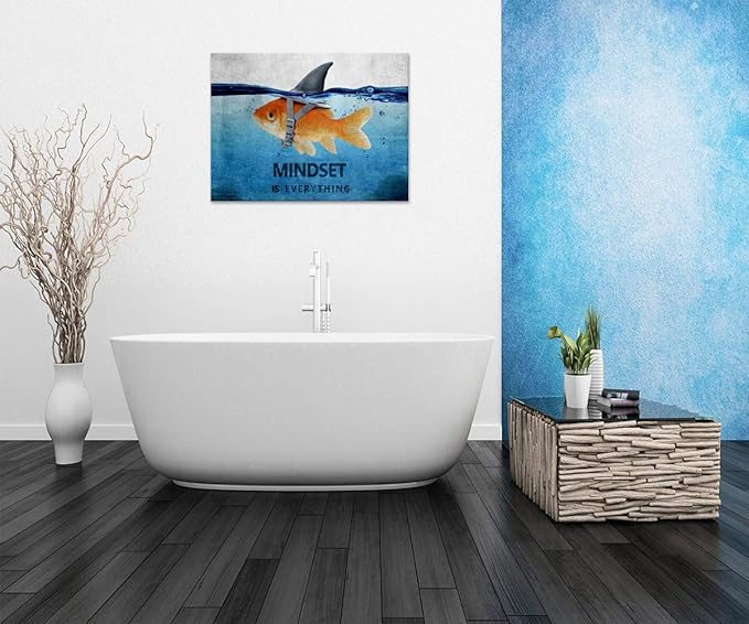 Inspirational Posters Mindset is Everything Painting Prints on Canvas Goldfish Big Shark Picture Motivational Entrepreneur Quotes for Living Room Office Home Decor House Warming Presents (28”Hx44”W)
