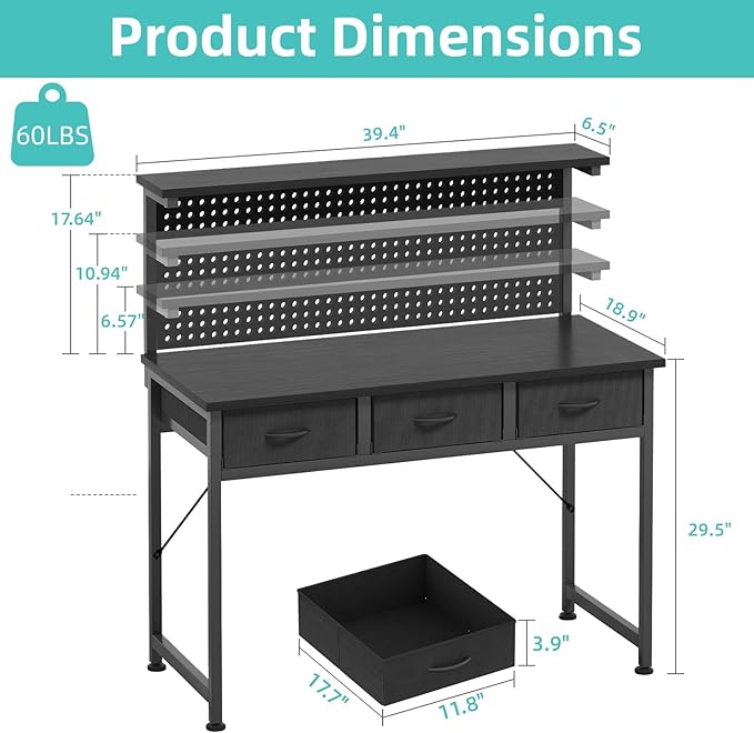 MUTUN Computer Desk with Drawers, 40 Inch Computer Desk with Power Outlet & LED Light, Gaming Desk with Adjustable Monitor Stand & Pegboard, Modern PC Study Writing Table for Bedroom, Black
