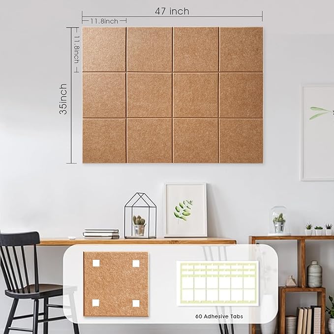 Large Cork Board for Office Wall Decor,48"x36"-12 Pack Felt Wall Tiles with Safe Removable Adhesive Tabs, 1/2" Thick, Felt Bulletin Board Pin Board Cork Boards for Walls - Burnt Orange