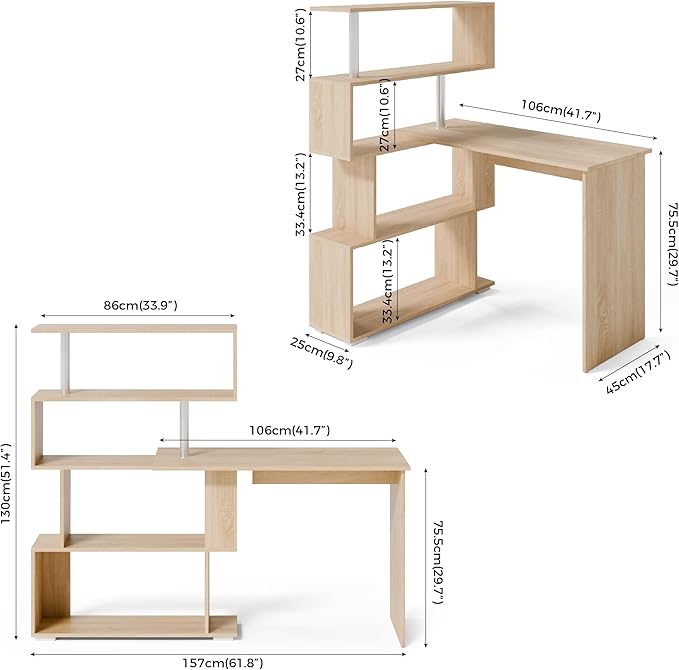L Shaped Computer Desk, Corner Desk, 360 Degree Rotatable, Space Saving Table with Spacious Storage for Home Office Workstation Study, 157 x 45 x 130.5 cm, Oak