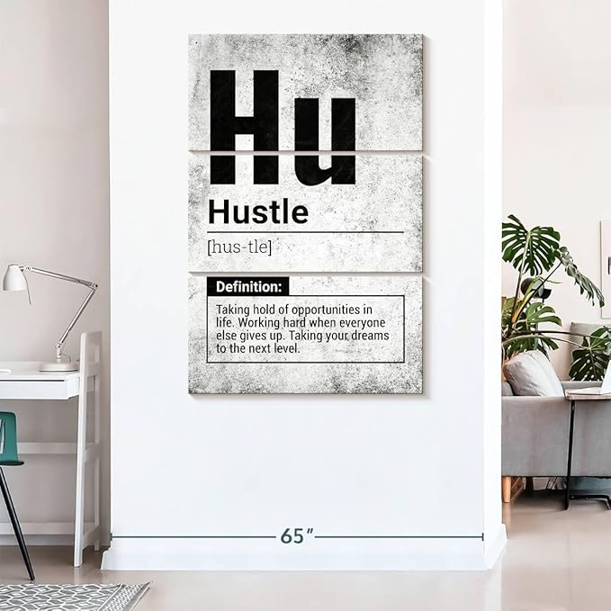 Elephant Stock - Hustle Definition Grunge Wall Art - Vertical Multi Panel Canvas - 3 Piece Living Room Wall Decor - Digital Art Inspirational And Typography Multi Piece Wall Art - Black And Gray Decor - 48" x 74"