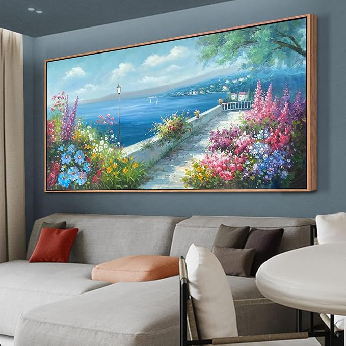 Arjun Blue Coastal Canvas Framed Wall Art for Living Room Ocean Landscape Painting Bedroom, Extra Large Hand Painted Seascape Flower Picture Artwork Home Office Wall Decor 58"x29"