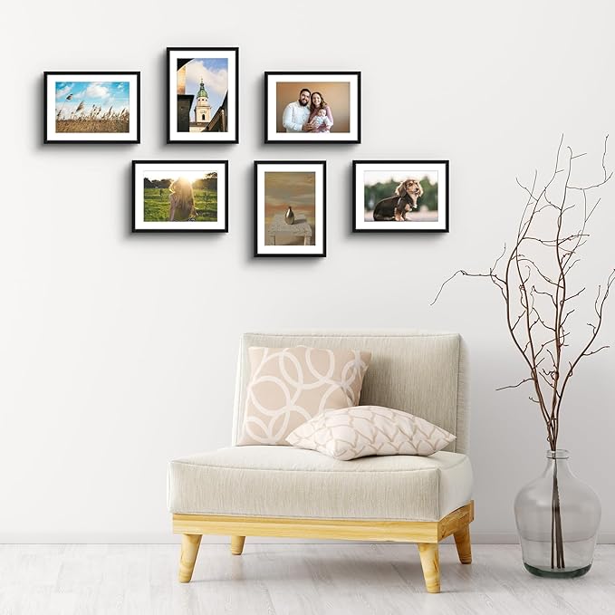 Golden State Art, Gallery Wall Frame Set of 6 - Black 6x8 Aluminum Photo Frames with Mat for 5x7 Pictures - 6 x 8 inch Metal Frame with Real Glass Cover - Elegant Home or Office Decor