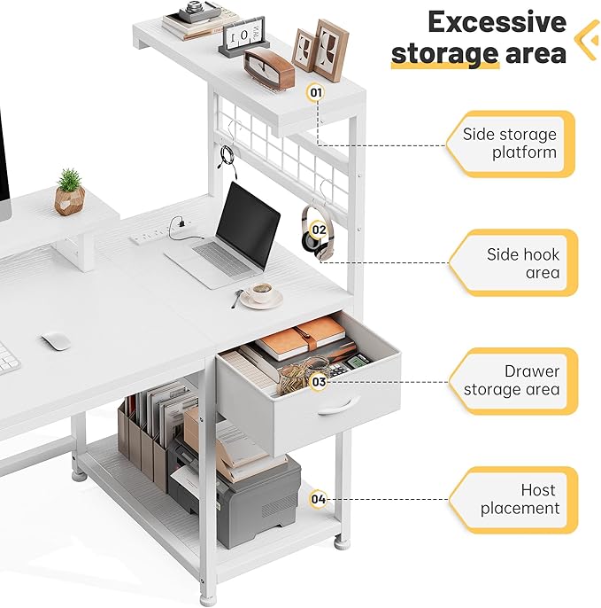 EnHomee 40" Computer Desk with Drawer & Storage Shelves, Home Office Desk with Monitor Stand, Gaming Desk with LED Lights & Power Outlets for Living Room, Study Room, Gaming Room, White