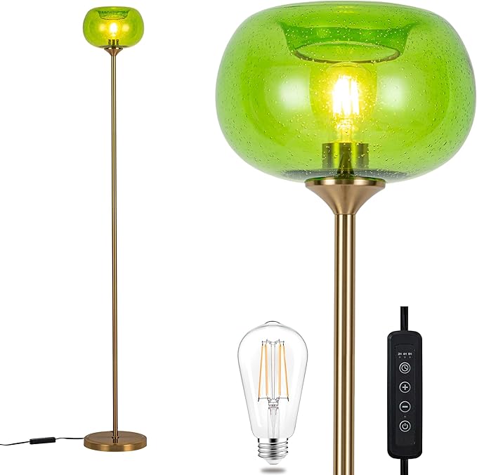 MAYNA Globe Floor Lamp, Emerald Green Round Glass Standing Lamp with Built-in Timer Switch, Gold Tall Vintage Lamps for Living Room Bedroom, 2700K LED Bulb Included