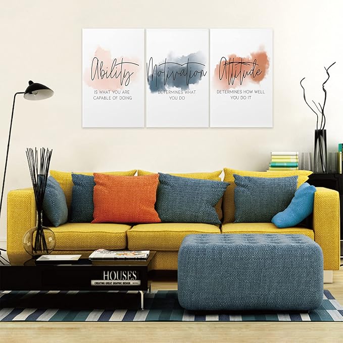 3 Piece Inspirational Canvas Wall Art, Quotes Motivational Mindset Print Pictures for Office Wall Decor, Triptych Entrepreneur Poster Framed Artwork for Women Men Home Decor Ready to Hang (48"Wx24" H)