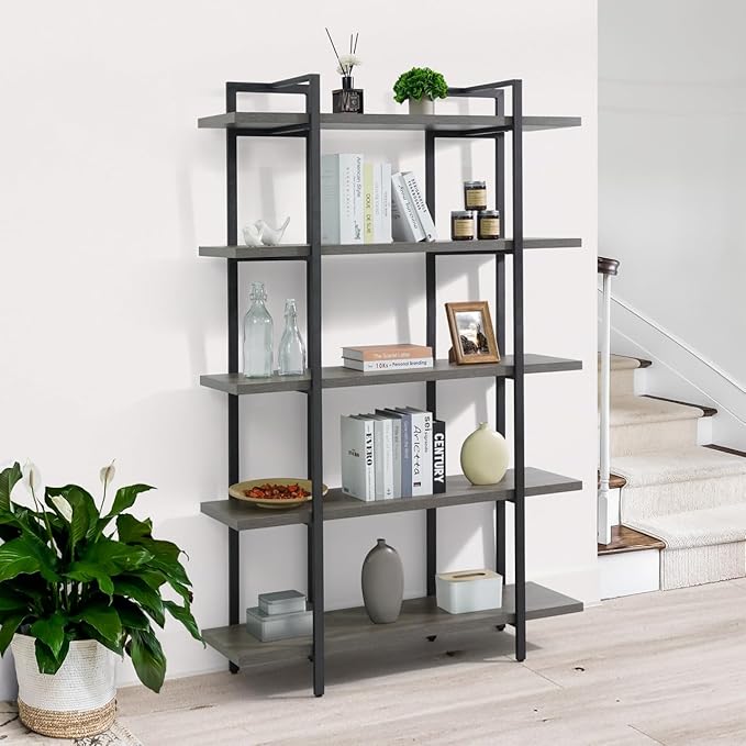 CAPHAUS 5-Tier Book Shelf, 71” H Vintage Industrial Bookcase with Open Display Shelving, Wooden and Metal Shelving Unit, Bookshelves and Bookcases, Stand Shelf for Bedroom, Home Office, Dark Grey