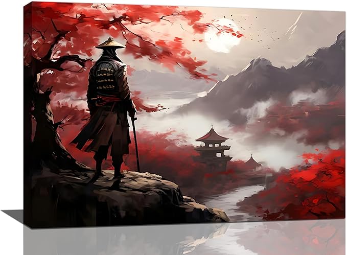yerretin Japanese Bushido Wall Art Samurai Pictures Wall Decor Ancient Japan Warrior Canvas Landscape Painting Home Decoration Artwork for Bathroom Bedroom Living Room Office Framed 24"x16"