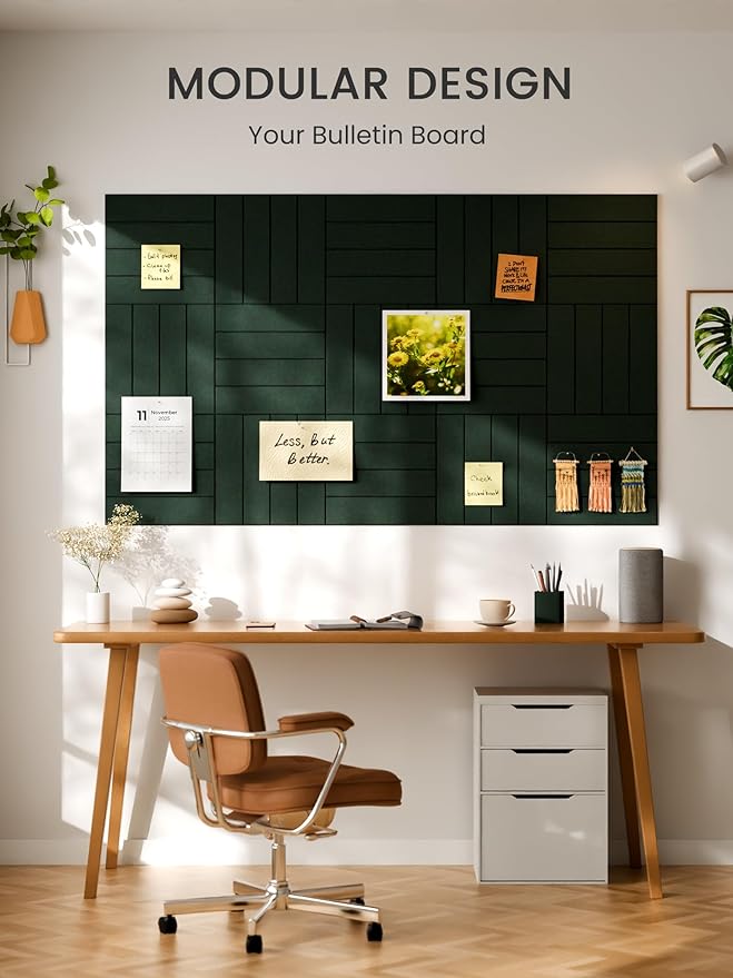 Bumusty Large Cork Board Alternative-36 x 24" Felt Bulletin Board Tiles, with 30 Pushpins, 40 Adhesive Tabs, 6-Pack Slat Wall Paneling, Cork Boards for Office Push Pin Board Felt Board-Pine Green