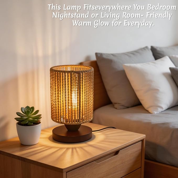 Rattan Table Lamp, Boho Bedroom Bedside Small Lamps with Warm White LED Bulb, Vintage Wooden Nightstand Nightlight, Rustic Handmade Woven End Desk Lamps for Bedroom Living Room Study Kids Room