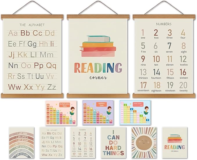 Educational Classroom letters for Kids Wall Art Set of 12 – 3 Hanging Posters 16x12in+9 Prints 8x10in, Numbers Alphabet Canvas Wall Decor Preschool Kindergarten Nursery Homeschool Learning Home Decor