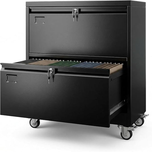 Aobabo 2 Drawer Lateral File Cabinet with 4 Detachable Wheels,Steel Filing Storage with Independent Locks and Index Card Holders for Home Office, 15.87" D x 28.94" W x 34" H, Black,Required Assembly