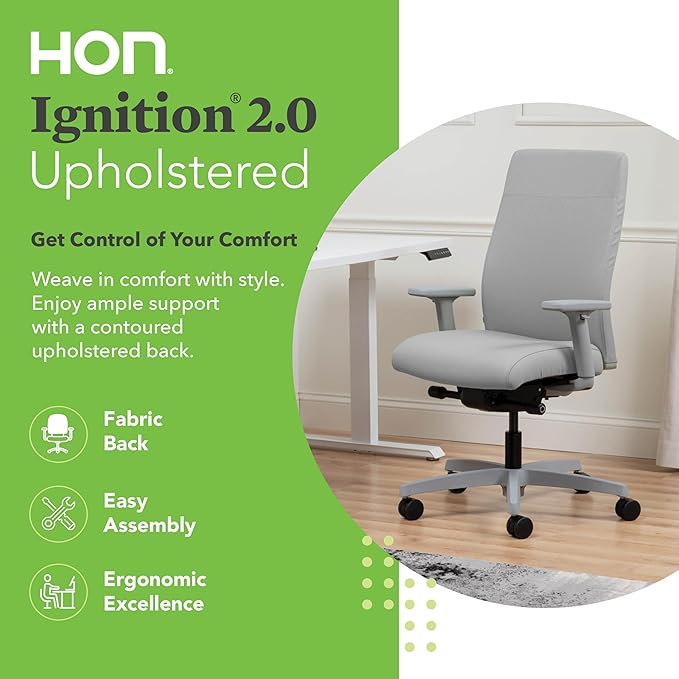 HON Ignition 2.0 Fabric Office Chair, Upholstered, Adjustable Arms, Advanced Synchro-Tilt Recline Executive Ergonomic Office Chair, Titanium Frame, Fog