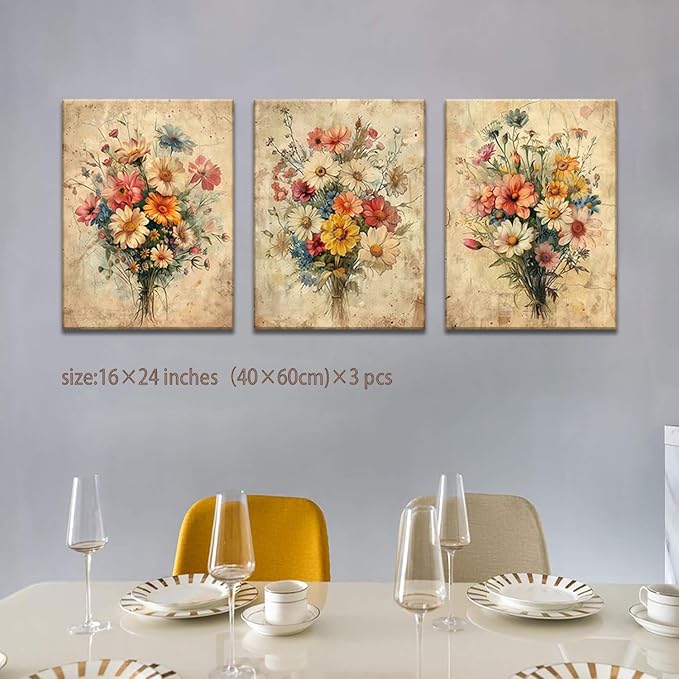 KISSFOX Framed Colorful Wildflower Canvas Wall Art Set Of 3 Flowers Pictures Prints Flowers Printing Floral Watercolors Flower wall Decor Living Room Girls Bedroom Bathroom