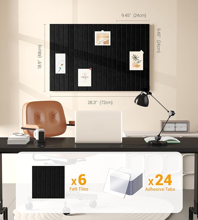 1/2" Thick Cork Board for Office, 6 Pack Felt Wall Tiles -28"x18" with Safe Adhesive Tabs, Large Bulletin Board, Push Pin Board Organizer Wall - Black
