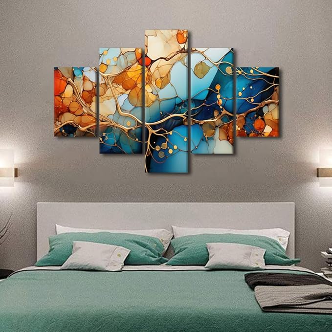 Wall Art Decor for Men Modern Living Room Canvas Art 5 Panel Abstract Painting Art Abstract Branch Seawater Poster Prints for Native Americans Bedroom Wall Art Framed Ready to Hang 60x40 in