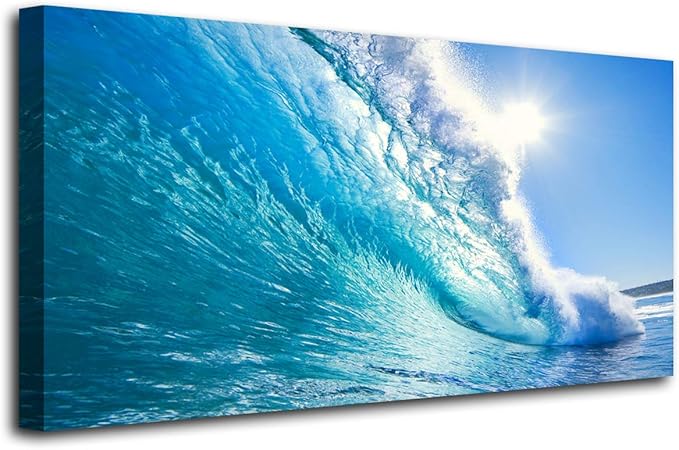 Haichuang Decor Art Ocean Wave Canvas Wall Art, 40x20 Inches Framed Turquoise Sea Wave Wall Decor, Wood Frame Waterproof HD Giclee Print, Ready to Hang Coastal Artwork for Living Room Bathroom Office