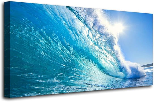 Haichuang Decor Art Ocean Wave Canvas Wall Art, 40x20 Inches Framed Turquoise Sea Wave Wall Decor, Wood Frame Waterproof HD Giclee Print, Ready to Hang Coastal Artwork for Living Room Bathroom Office