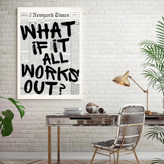 Balsuka What If It All Works Out Wall Art Retro Black and White Newspaper Motivational Poster Positive Affirming Quote Minimalist Canvas Print for Bedroom Living Room Home Decor 24x36inch Unframed