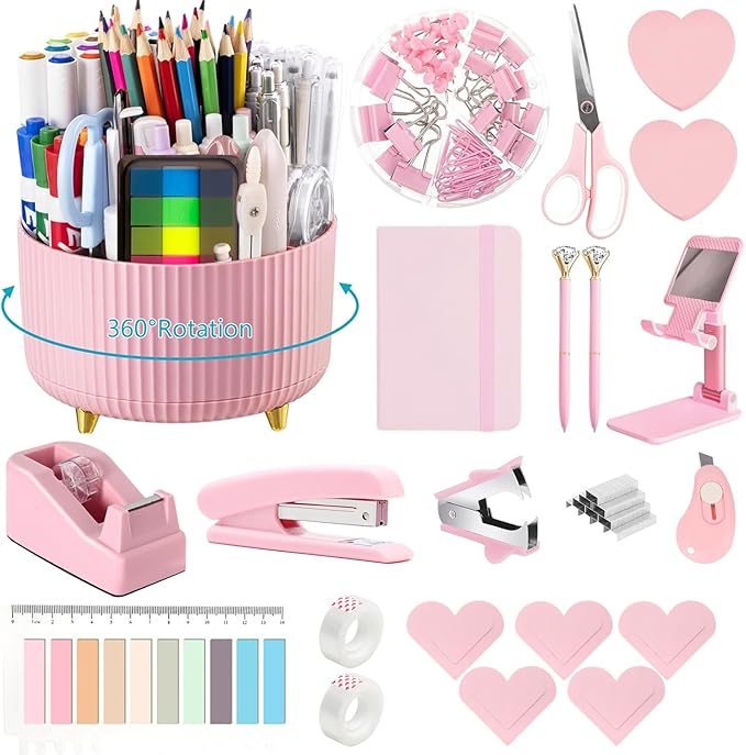 Office Supplies,Desk Accessories,with Stapler, Tape Dispenser,Desk Organizer,Folding Phone Holder,Pen,Journal Notebook,Scissor,Staple Remover,Staples,Clear Tape,Sticky Notes,Paper Clips,Bookmark,Ect