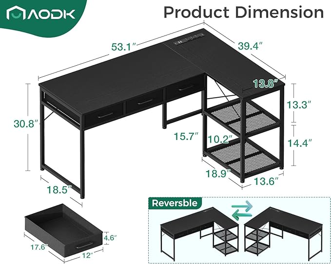 AODK 53 Inch L Shaped Computer Desk with Drawers, Corner Desk with Power Outlets & Reversible Storage Shelves, for Home Office Gaming, Black