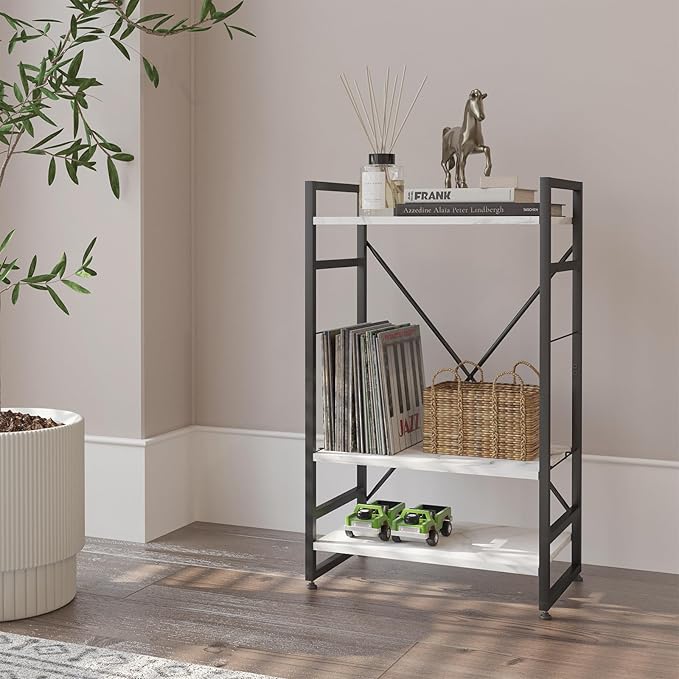 Bookshelf Organizer,3 Tiers Adjustable White Faux Marble Small Bookcase for Small Space,Industrial Wooden Storage Bookcase Display Rack and Storage Organizer for Living Room Home Office