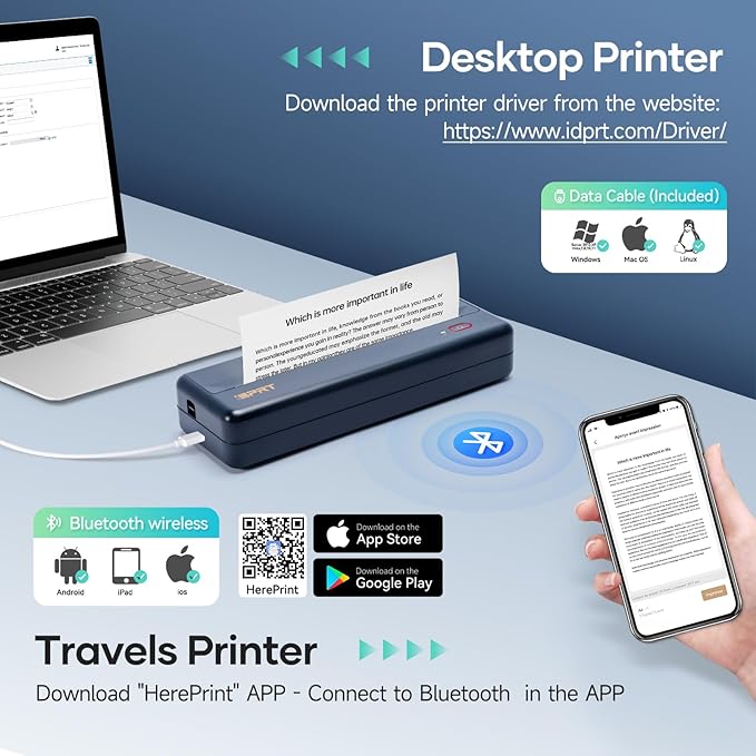 iDPRT Portable-Printer Wireless for Travel, 300DPI Inkless-Thermal-Small-Printers for Home Use, Office, Vehicles, Mobile Bluetooth Printer Supports 8.5" x 11" US Letter, for Smartphone & PC,MT890