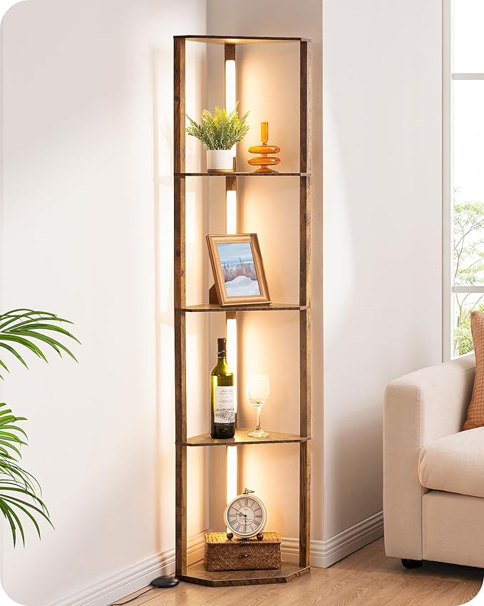 EDISHINE 64" LED Floor Lamp, Modern Floor Lamp with Shelves, Tall Standing Lamp with 3 Color Temperature, Stepless Dimmable Corner Floor Lamps for Living Room, Bedroom, Office, Burlywood