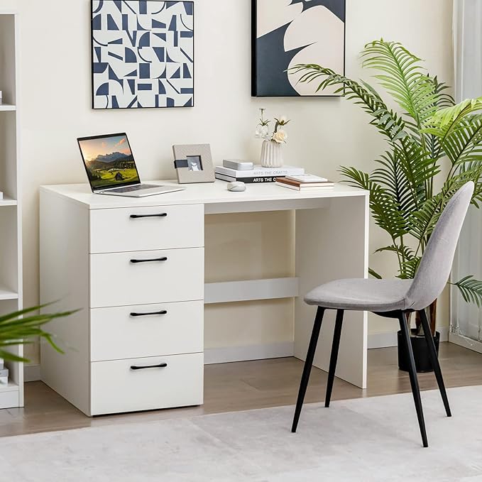 Giantex White Computer Desk with 4 Large Drawers, Home Office Laptop PC Desk, Writing Table, Modern Computer Workstation for Bedroom Study Room